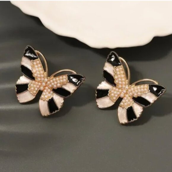 ⭐️❤️ FREE Butterfly Striped Bug Insect Chic Pearl Faux Hip Hipster Art Earrings - Picture 2 of 6